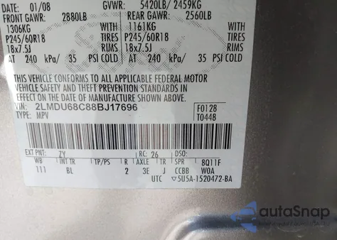 2008 Lincoln Mkx z USA, uszkodzony, nr VIN 2LMDU68C88BJ17696